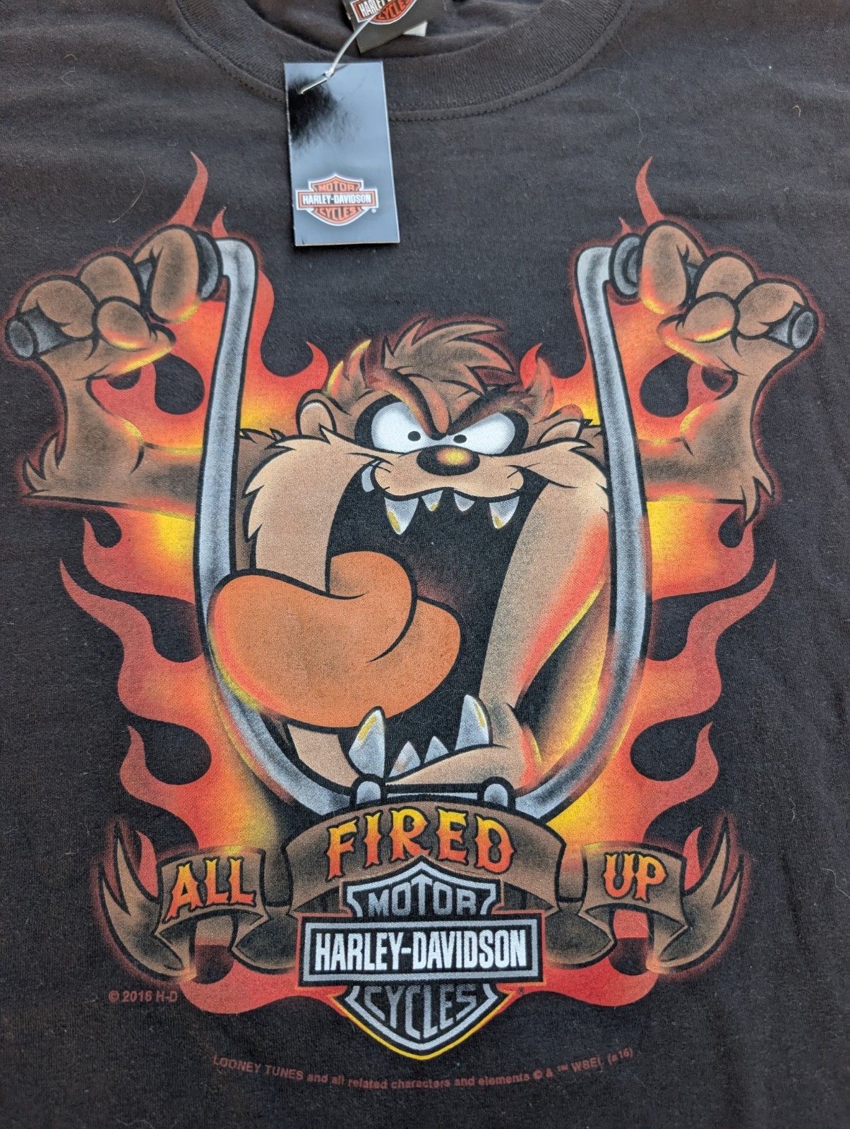 Harley Davidson Taz ALL FIRED UP T shirt XL Looney Tunes NWT Vtg Double Sided 
