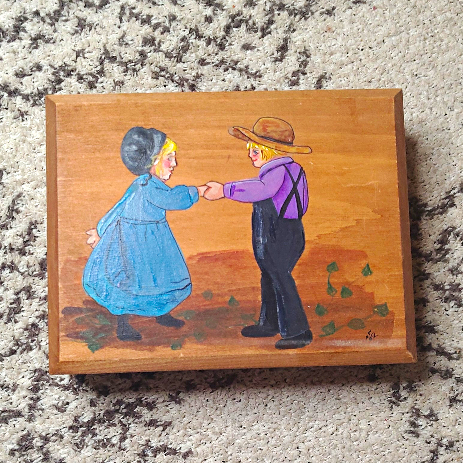 Hand Painted Hinged Wooden Trinket Box Jewelry Box Boy & Girl Scene 