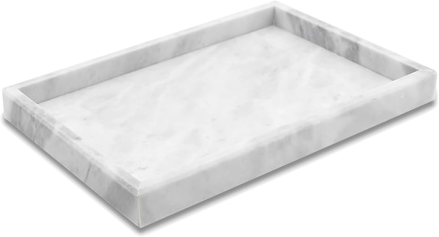 White Marble Vanity Bathroom Tray for Jewelry, Candles, Perfume 12x8 Inch White Marble Vanity Bathroom Tray for Jewelry, Candles, Perfume 12x8 Inch
