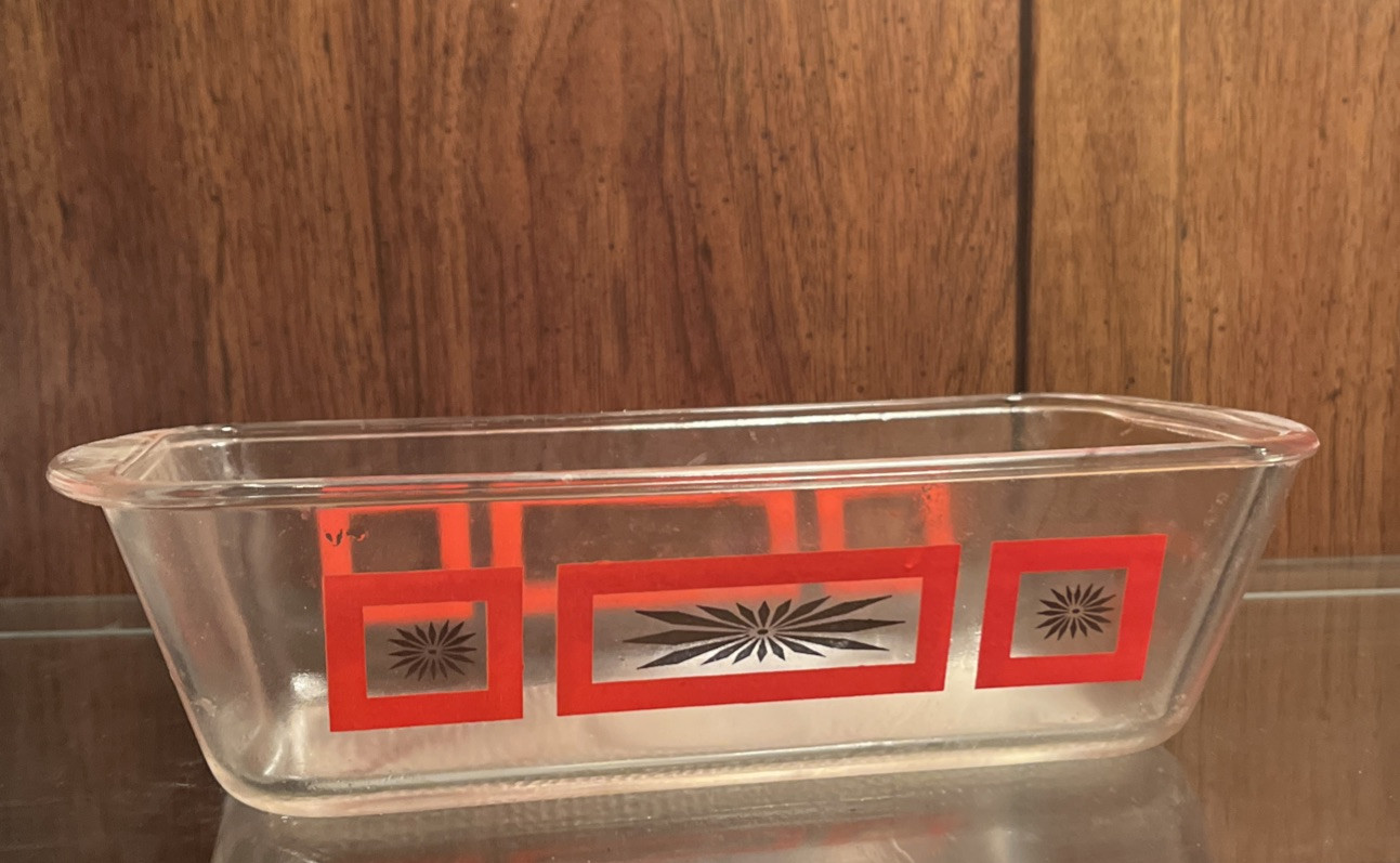2 Vintage Glasbake Glass Loaf Pan Dish Casserole Atomic Star Gold Red USA MCM 2 Vintage Glasbake Glass Loaf Pan Dish Casserole Atomic Star Gold Red USA MCM