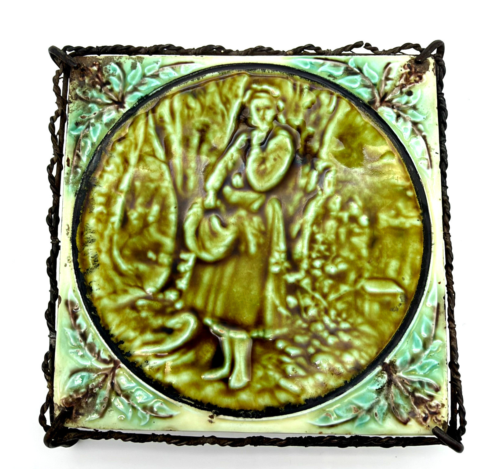 Antique Majolica Tile Pictorial Girl in Forest Wire Trivet Base