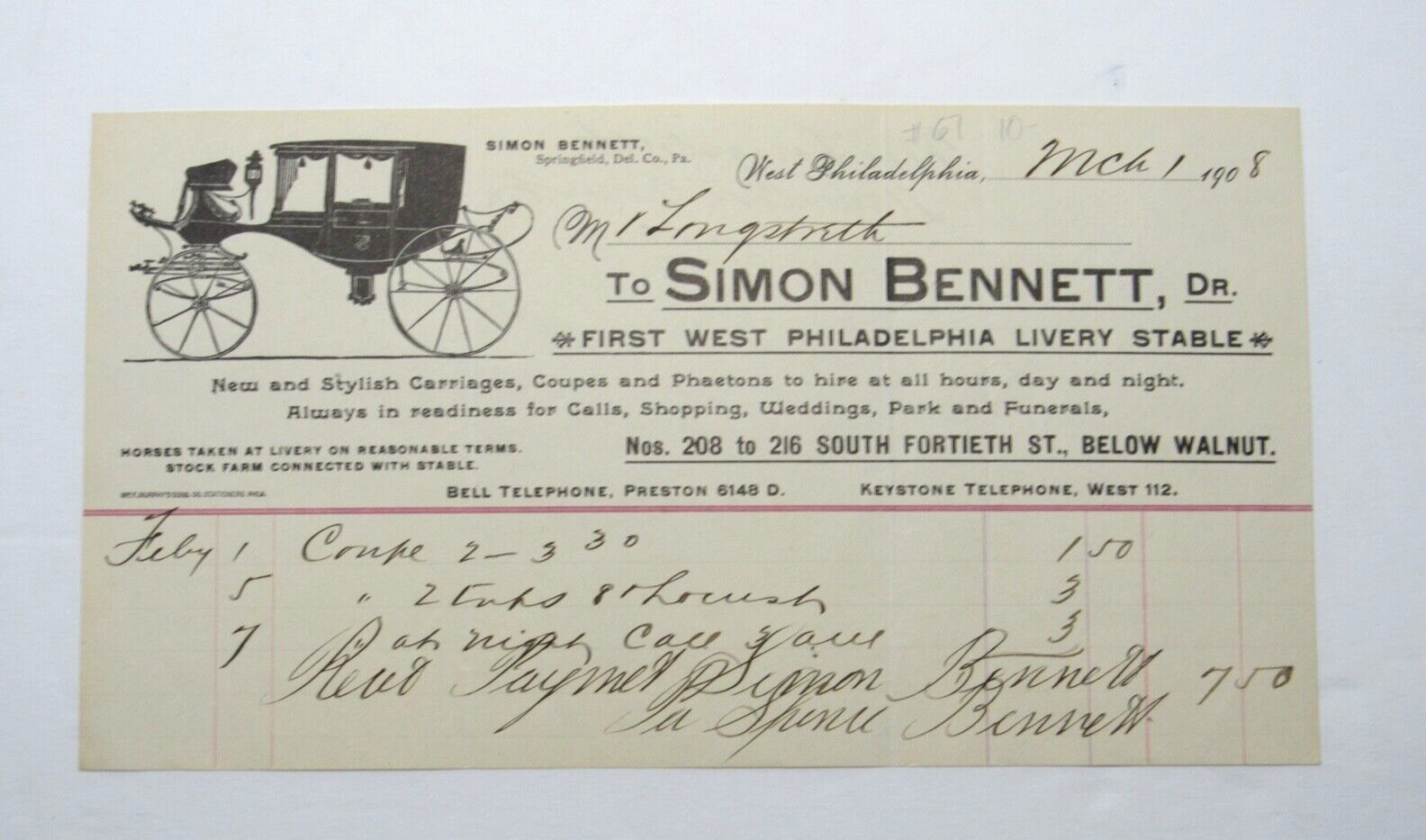 1908 Philadelphia Livery Stable Simon Bennett Billhead Carriages Phaetons Coupe