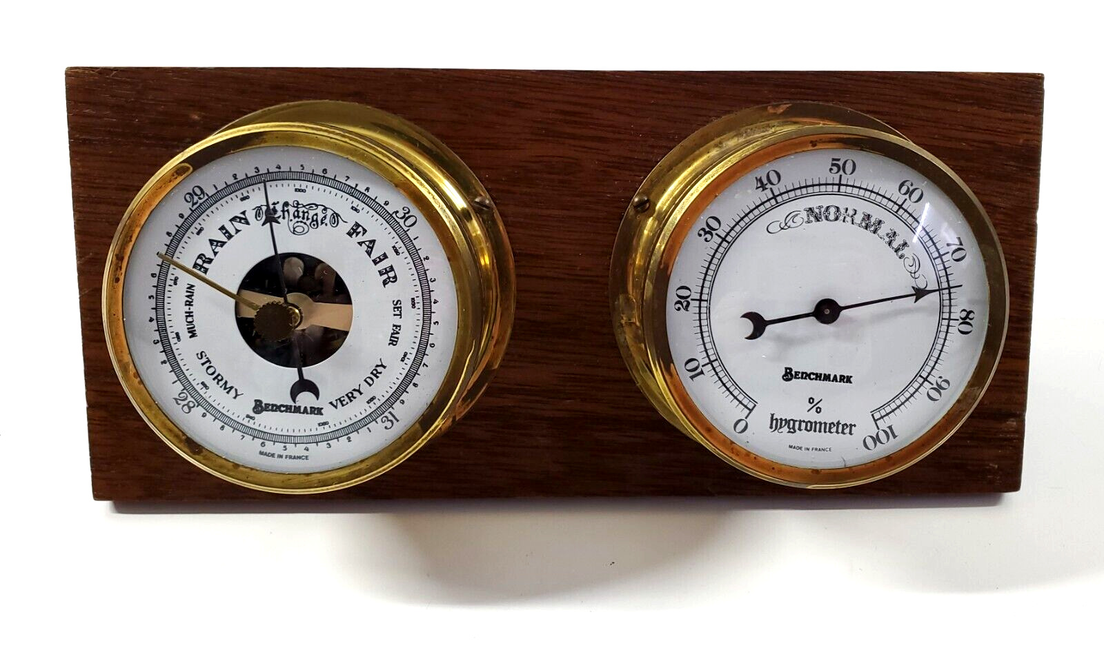 Vintage France Benchmark Weather Station Hygrometer Barometer Oak Base
