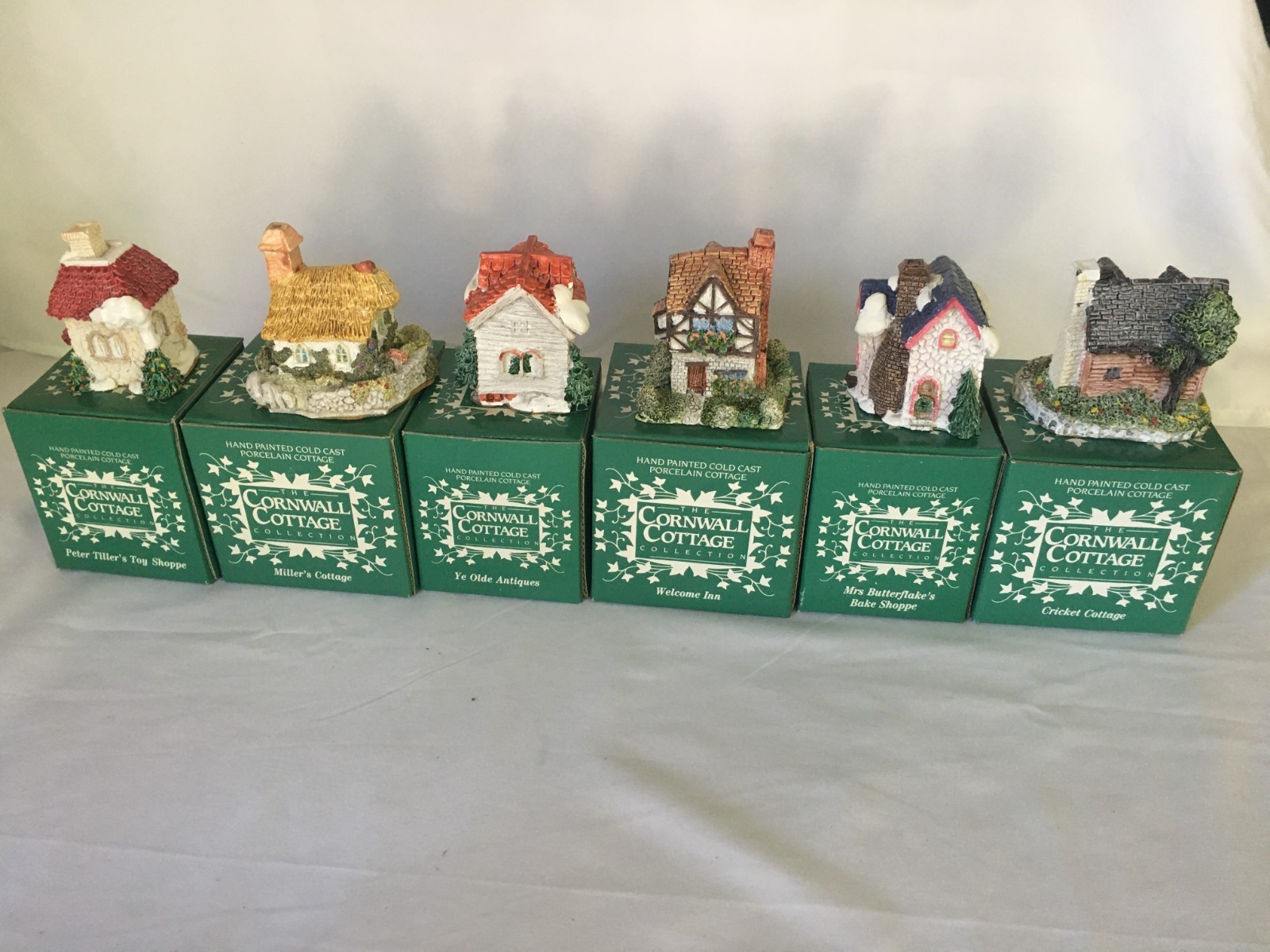 Complete Set Of 6 1987 Cornwall Cottage Collection Hand Painted Porcelain, NIB