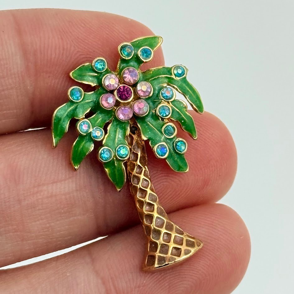 Vtg Nina Ricci Avon Brooch Pin Palm Tree Rhinestone Christmas in Florida Enamel