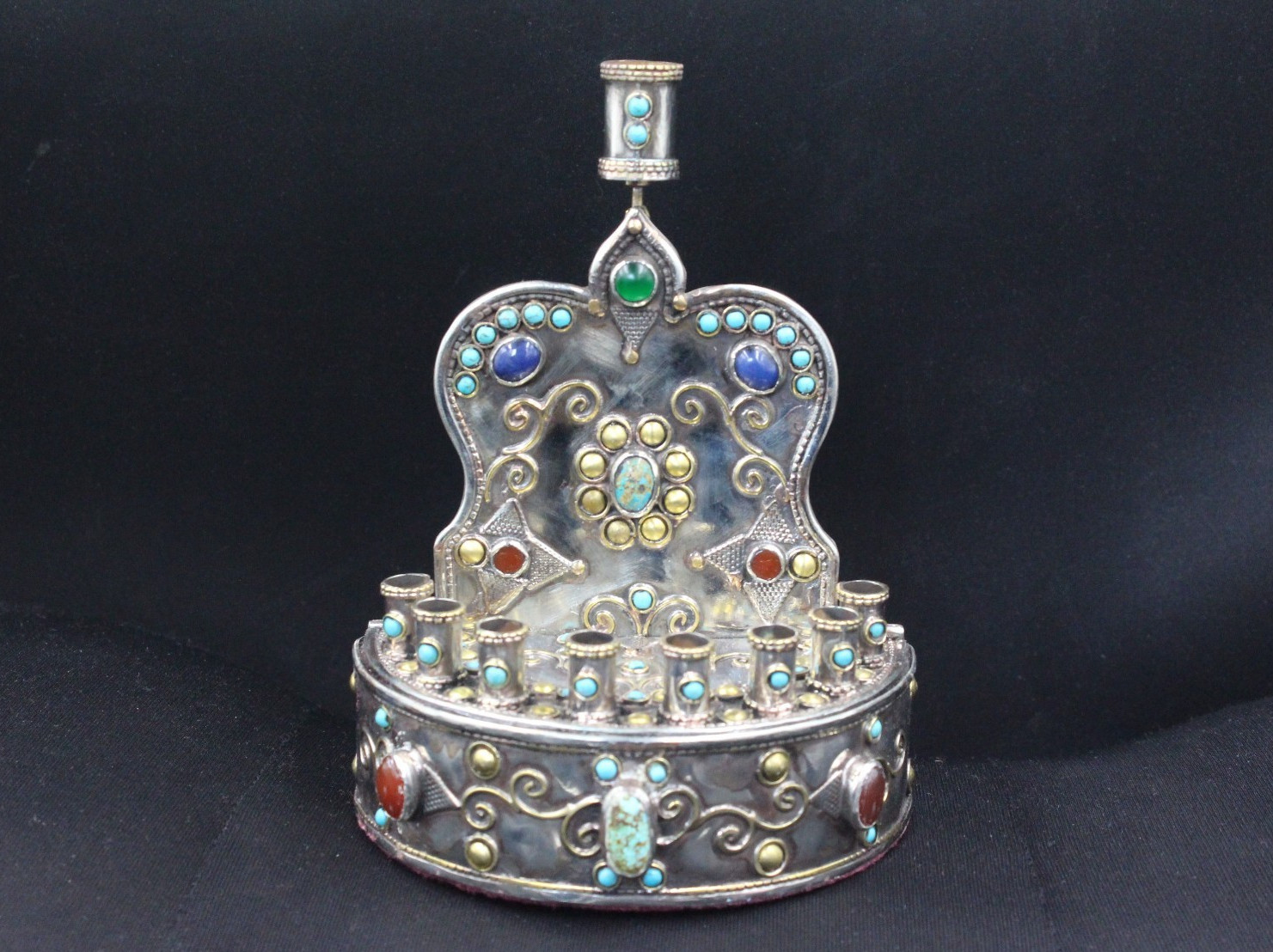 Turkmen Alpaka Judaica Hanukkah Menorah, 9 Candle Holder, Gemstones Menorah #H04 Turkmen Alpaka Judaica Hanukkah Menorah, 9 Candle Holder, Gemstones Menorah #H04