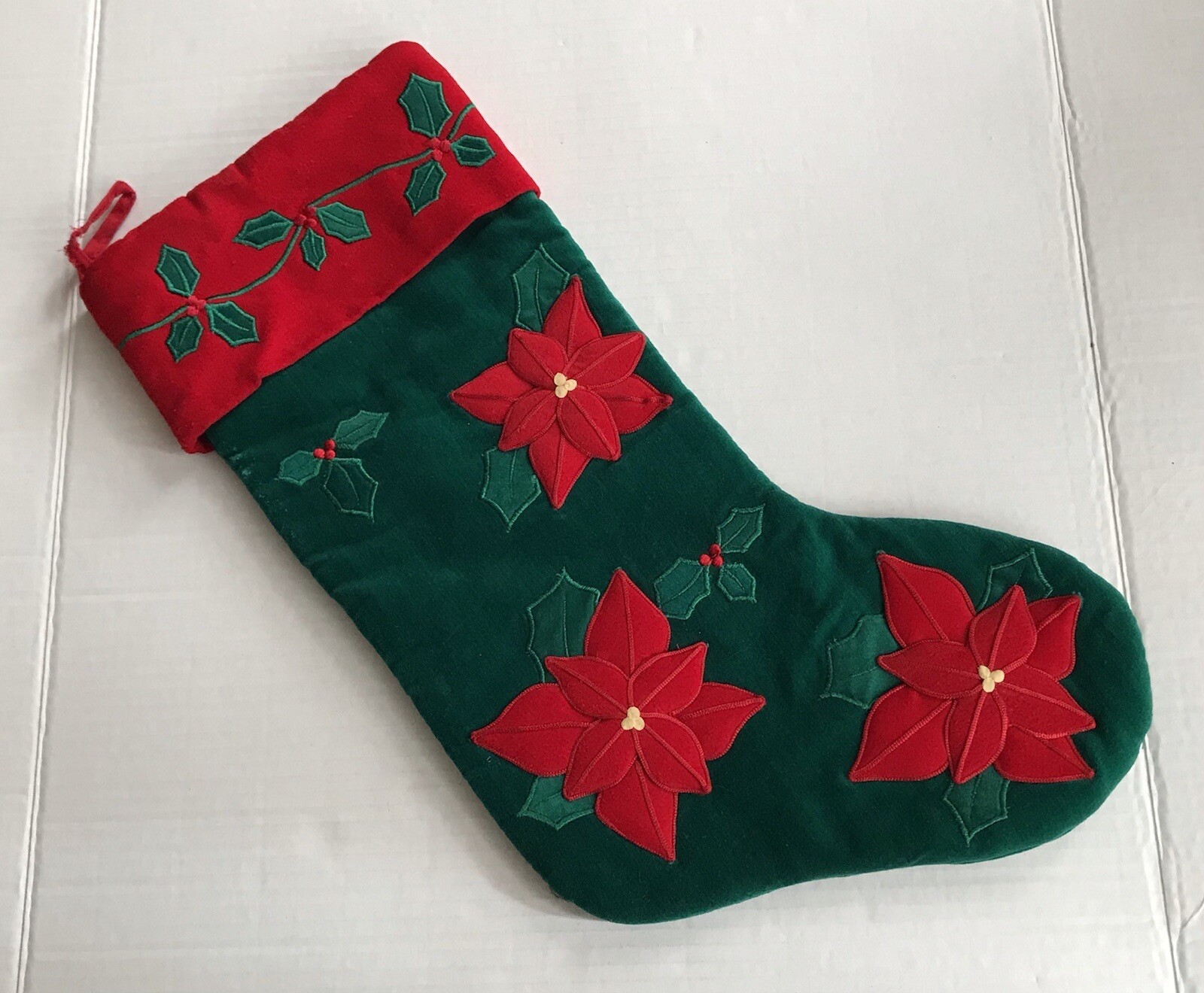 Velvet Christmas Stocking Red and Green Holly Berry and Poinsettia Flowers