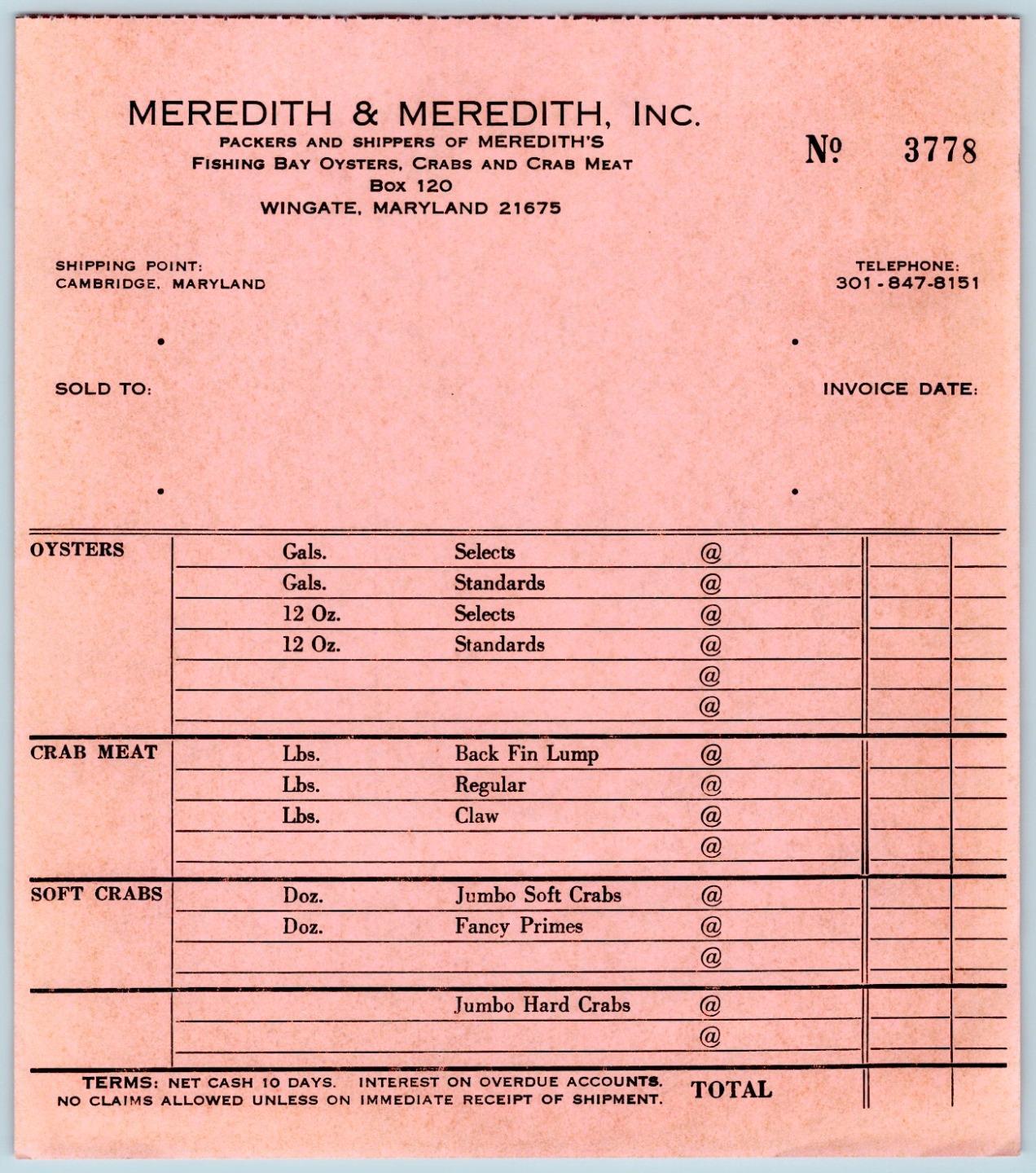 SET/3 OYSTER BILLHEADS*MEREDITH INC*WINGATE MD*CRAB MEAT PACKERS & SHIPPERS