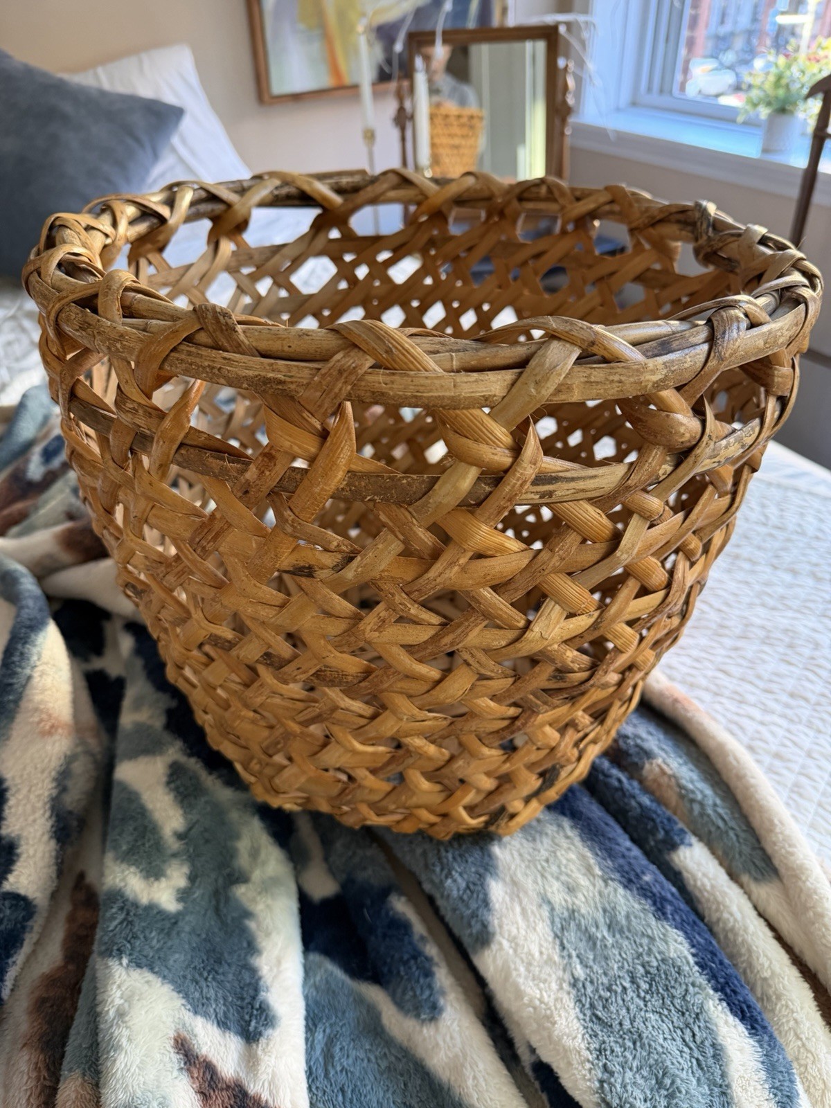 Vintage Philippine Handwoven Rattan Basket Planter 16” MCM Boho Sculptural