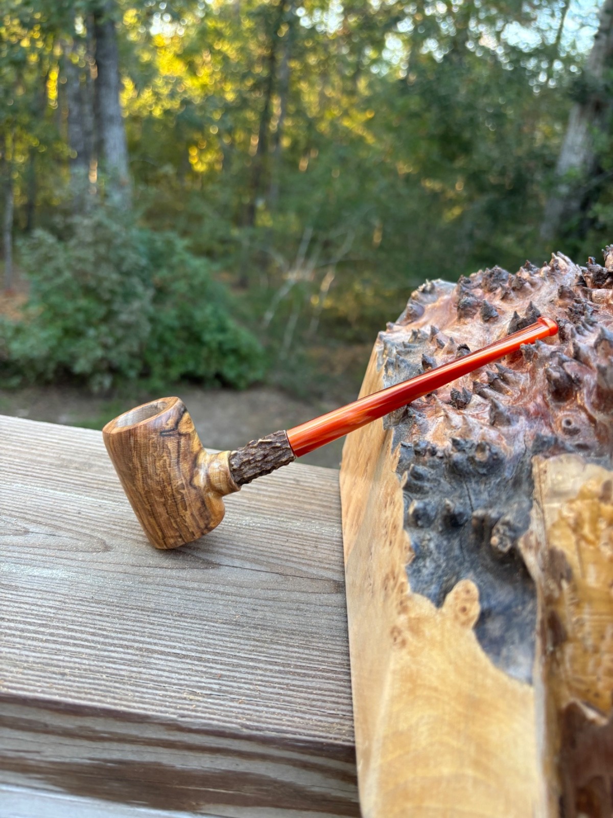 Olive wood Poker tobacco pipe with dark orange ripple straight acrylic stem