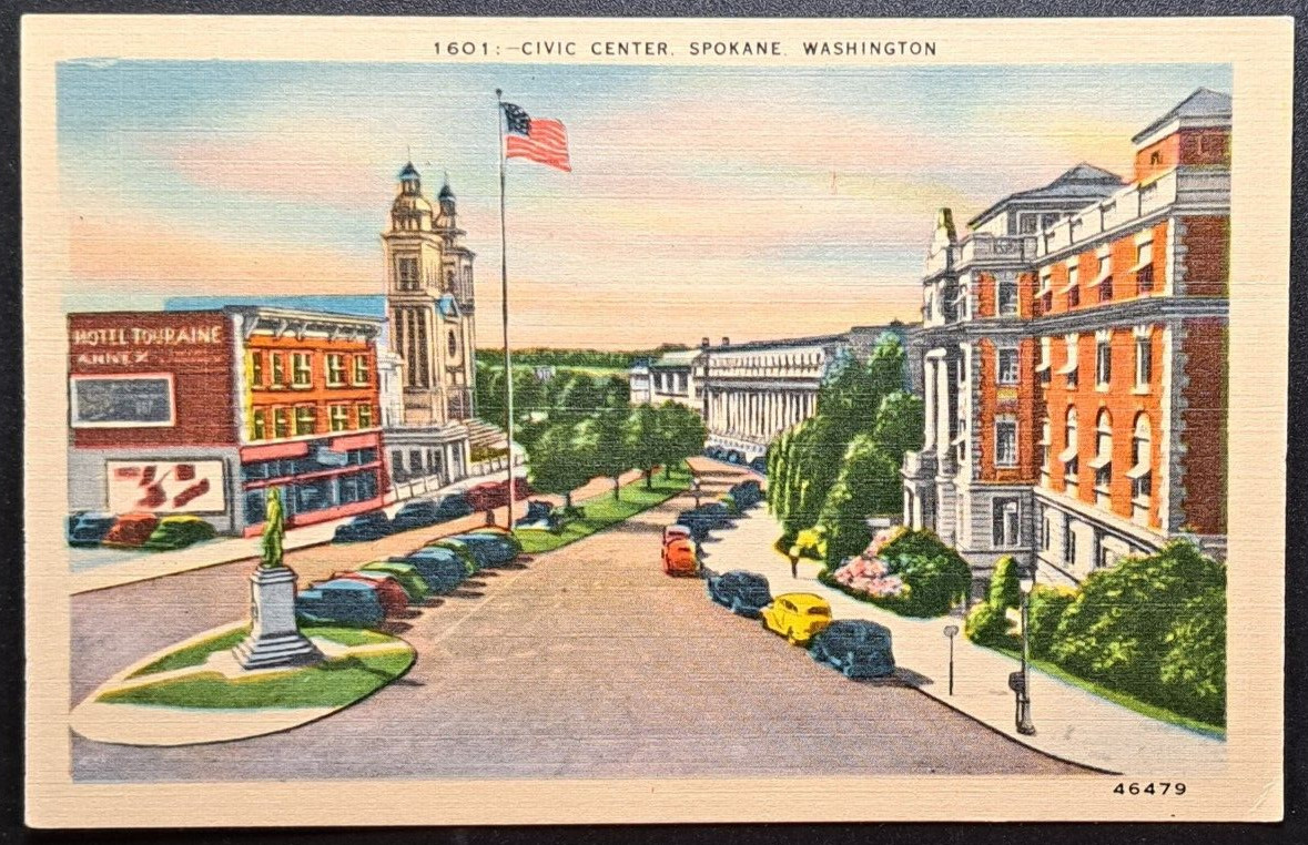 Vintage 1940s Civic Center Spokane WA Postcard Hotel Touraine Linen USA