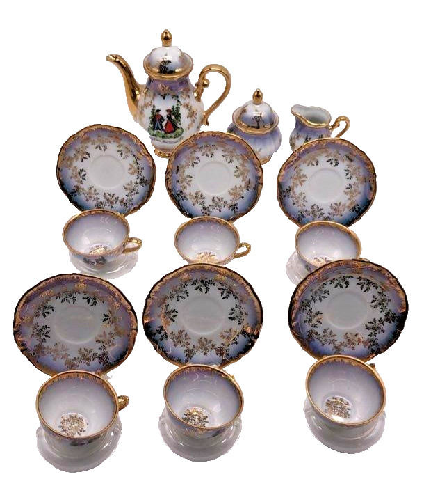 Handarbeit 22 Karat Goldauflage Kleiber Bavaria Porz-Manufaktur Tea Set 17PC