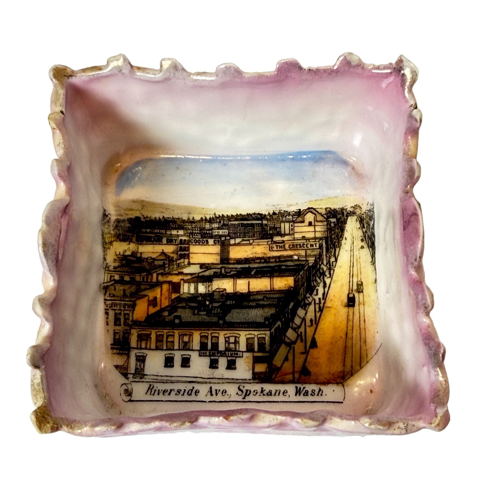 SPOKANE WA WASHINGTON Antique RIVERSIDE AVE Souvenir Heart TRINKET ASHTRAY DISH SPOKANE WA WASHINGTON Antique RIVERSIDE AVE Souvenir Heart TRINKET ASHTRAY DISH