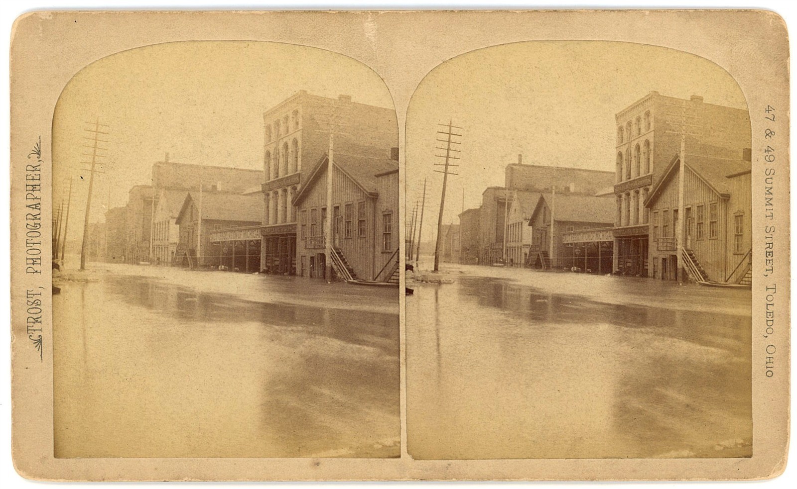 OHIO STEREOVIEW - Toledo Flood - Water Street from Jefferson - FJ Trost 1880s