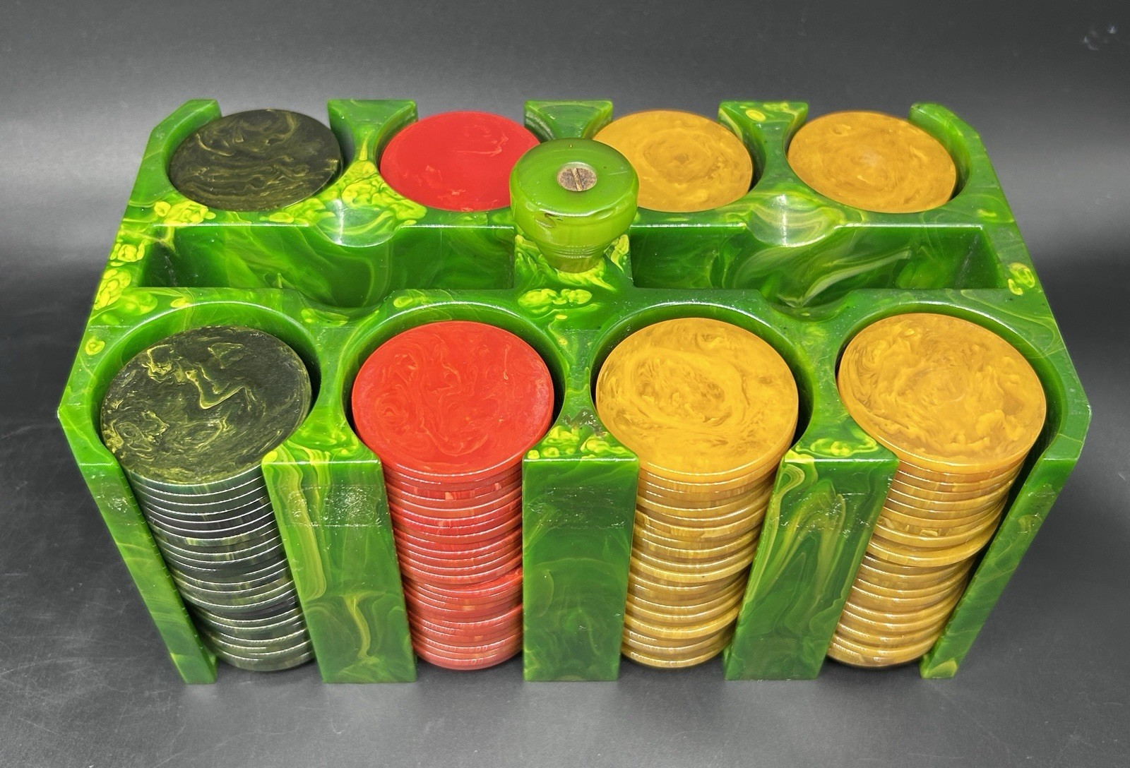 Vintage Marbled Bakelite Catalin Poker Chip Caddy Holder & 214 Chips-1624 grams