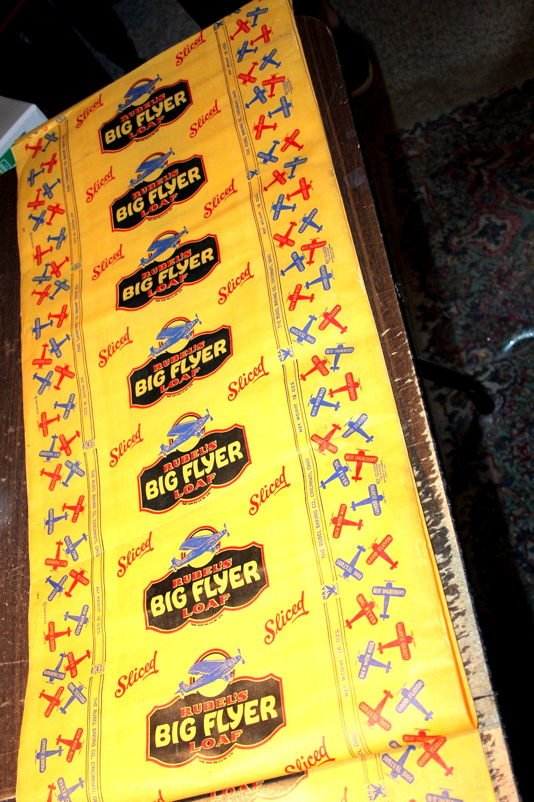 VINTAGE WAXED BREAD WRAPPING PAPER RUBEL\'S BIG FLYER CINCINNATI 1934 over 10 ft