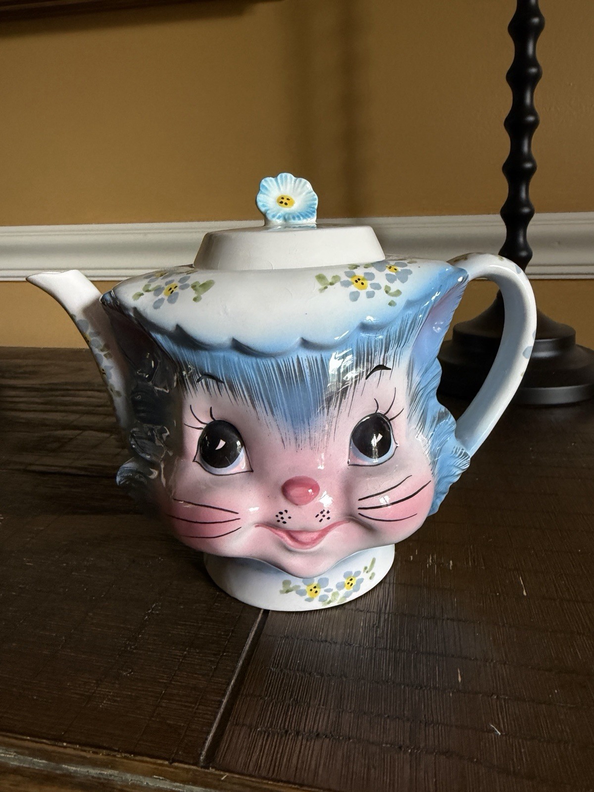 Vintage Lefton Miss Priss Kitty Blue Ceramic 4 Cup Teapot Cat Tea Pot