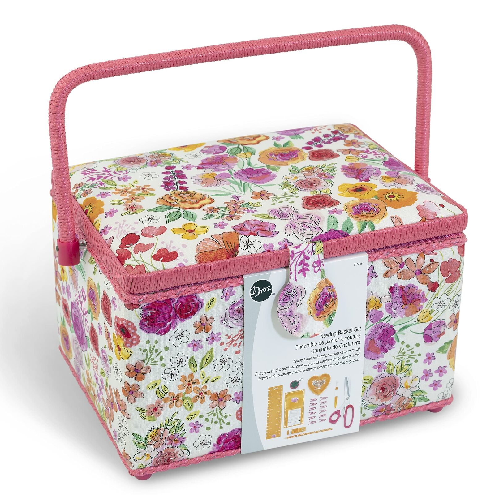 Dritz Large Kit, Pink & Orange Filled Sewing Basket