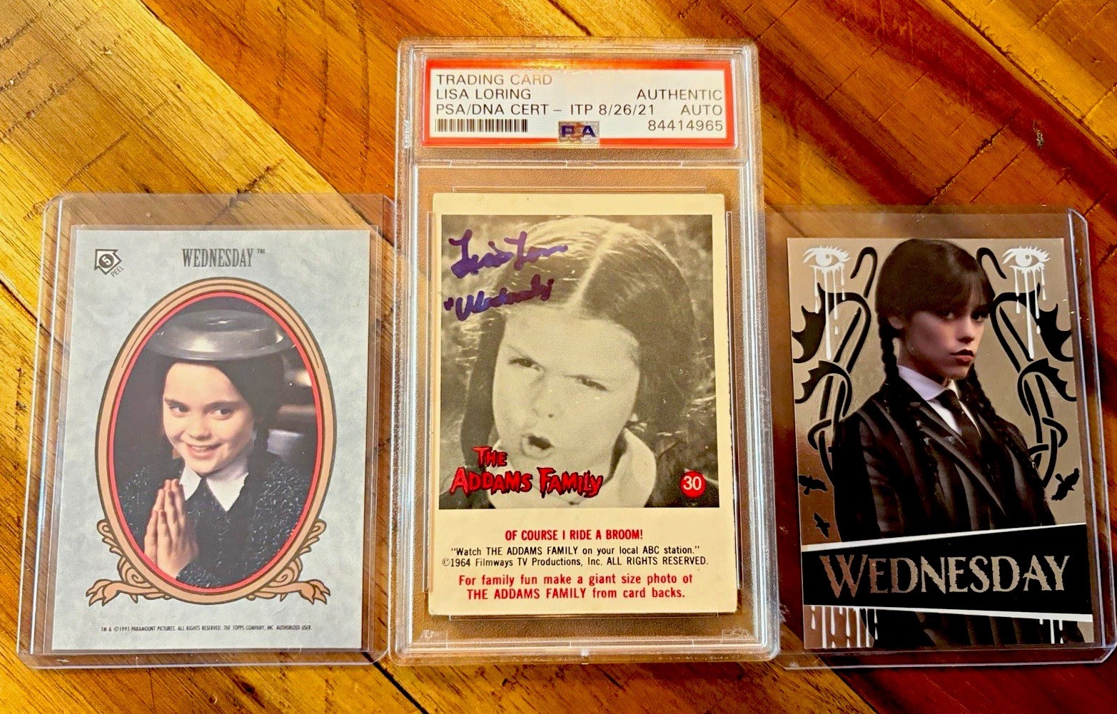 Wednesday Addams ROOKIE Auto Lisa Loring PSA/DNA, Ricci, Jenna Ortega 3-Gen Lot Wednesday Addams ROOKIE Auto Lisa Loring PSA/DNA, Ricci, Jenna Ortega 3-Gen Lot
