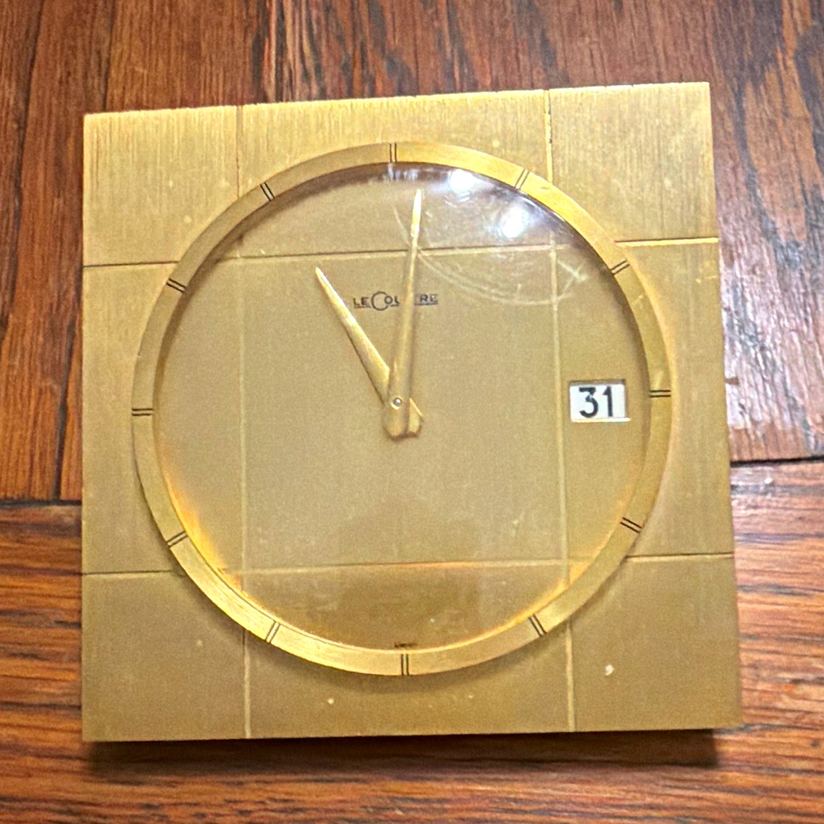 LeCoultre Brass Square Analog Desk Clock, Gold, Date Indicator, Glass LeCoultre Brass Square Analog Desk Clock, Gold, Date Indicator, Glass