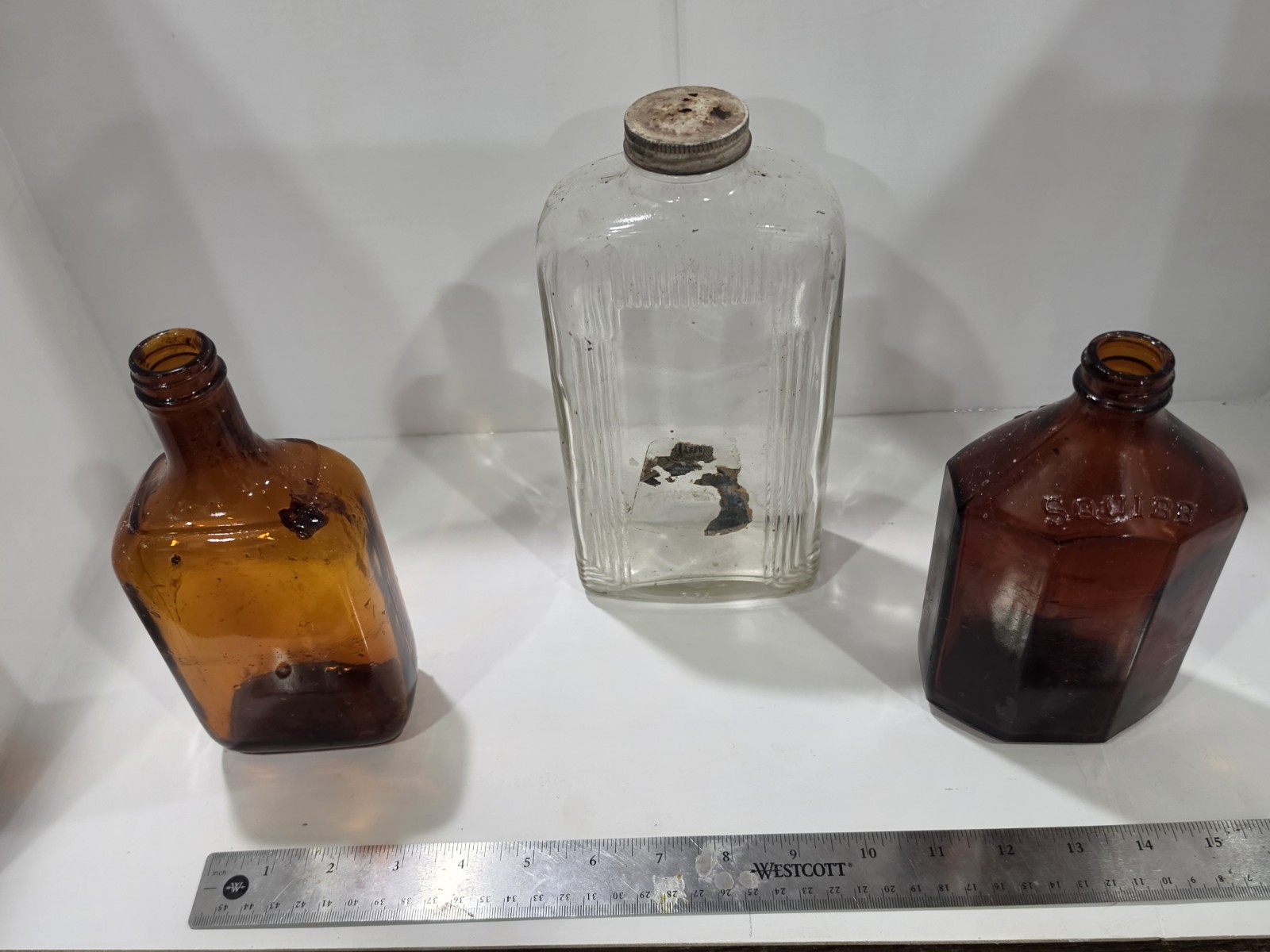Vintage Glass Apothecary Bottle Lot - Amber Squibb Hexagon, Art Deco Shaker &...