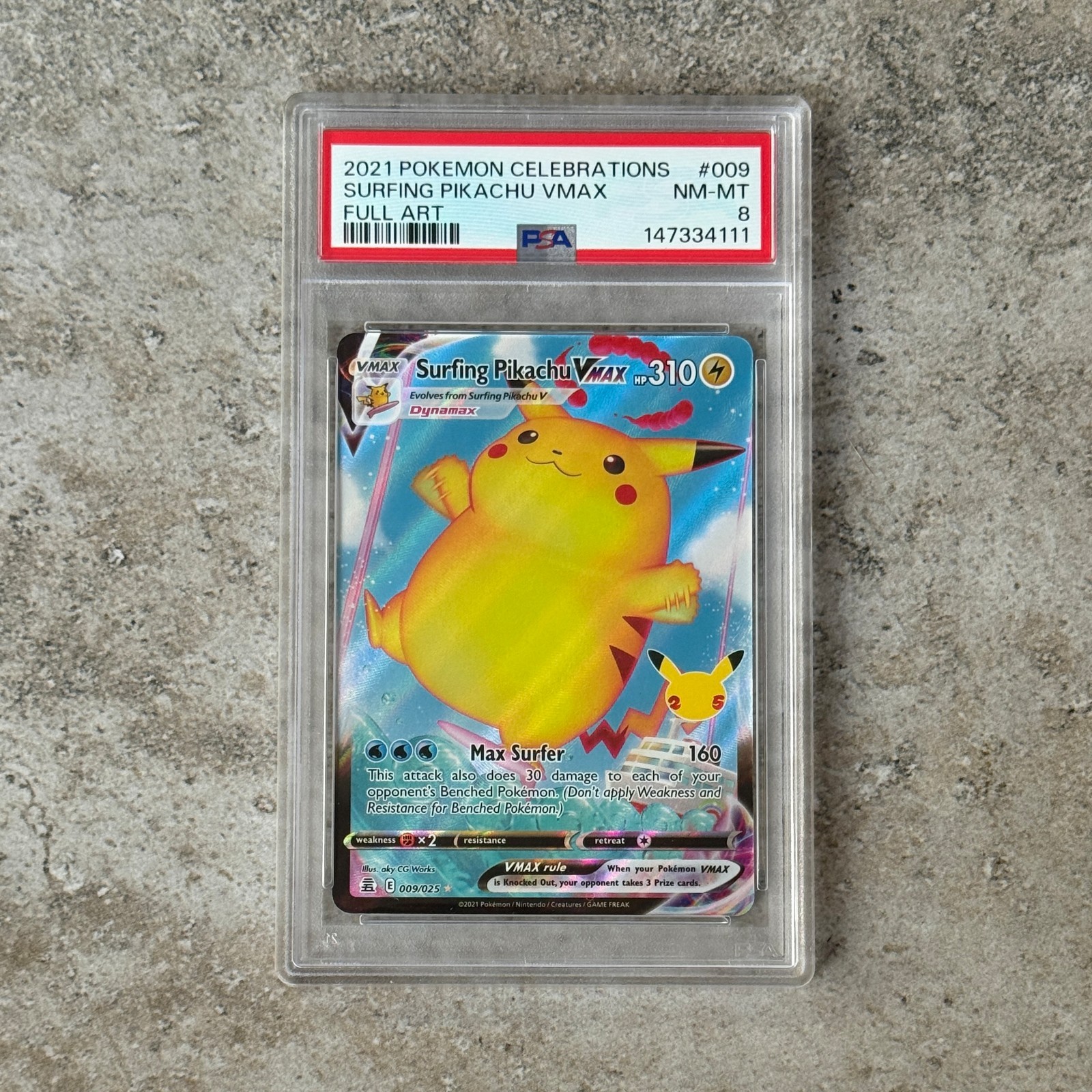 PSA 8 SURFING PIKACHU VMAX#009 Full Art holo - Celebrations 2021 Pokemon Card