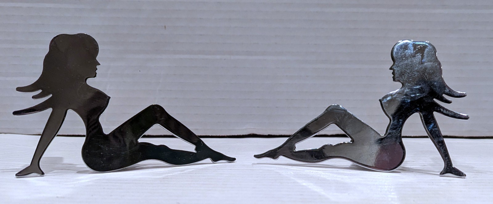 VINTAGE Barjan polished chrome Silhouette Lady Luck Mudflap Girl Set of 2 RARE
