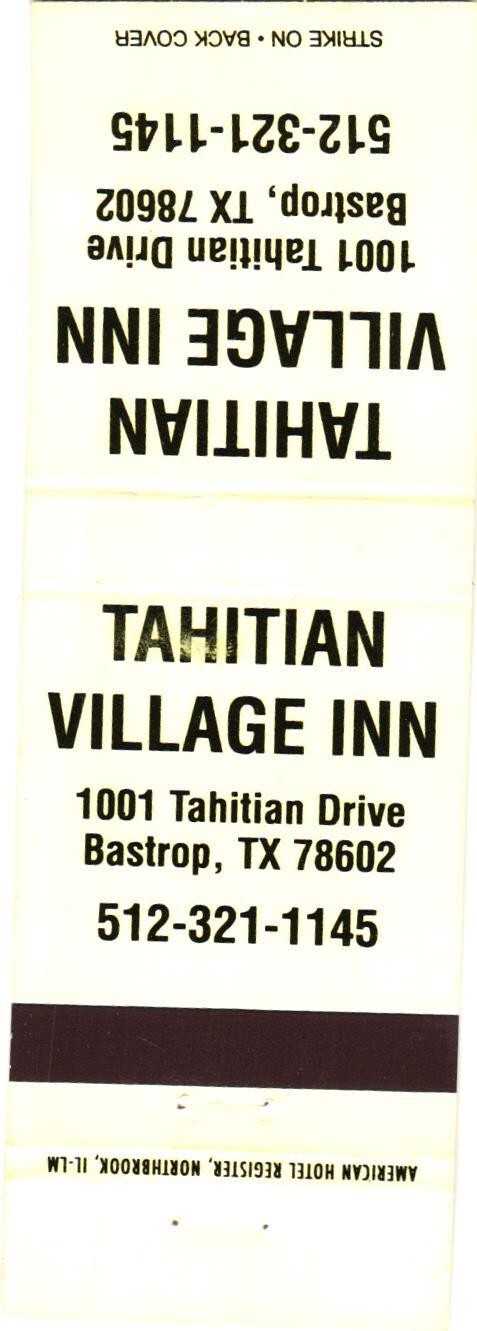 Tahitian Village Inn Bastrop TX Vintage Matchbook Cover 1960s-70s