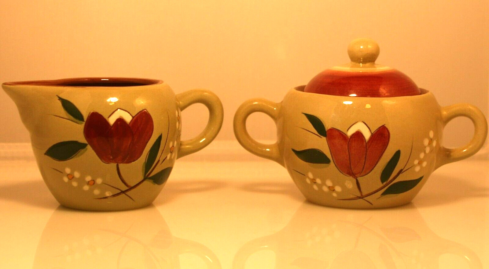 Vintage Stangl Pottery 1950s Magnolia Pattern Lidded Sugar Bowl and Creamer Set