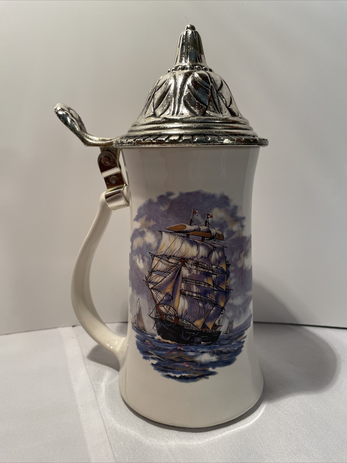 Nelson McCoy Pottery Clipper Ship Beer Stein Pewter Lidded 9” Tall  Nice