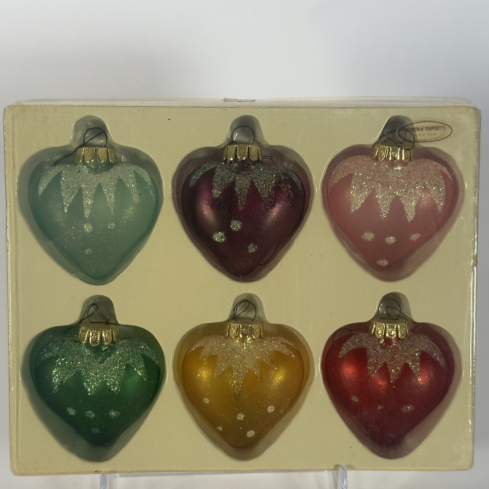 Vintage Morgan Imports Glass Heart Christmas Ornaments Set 6 Taiwan Glitter
