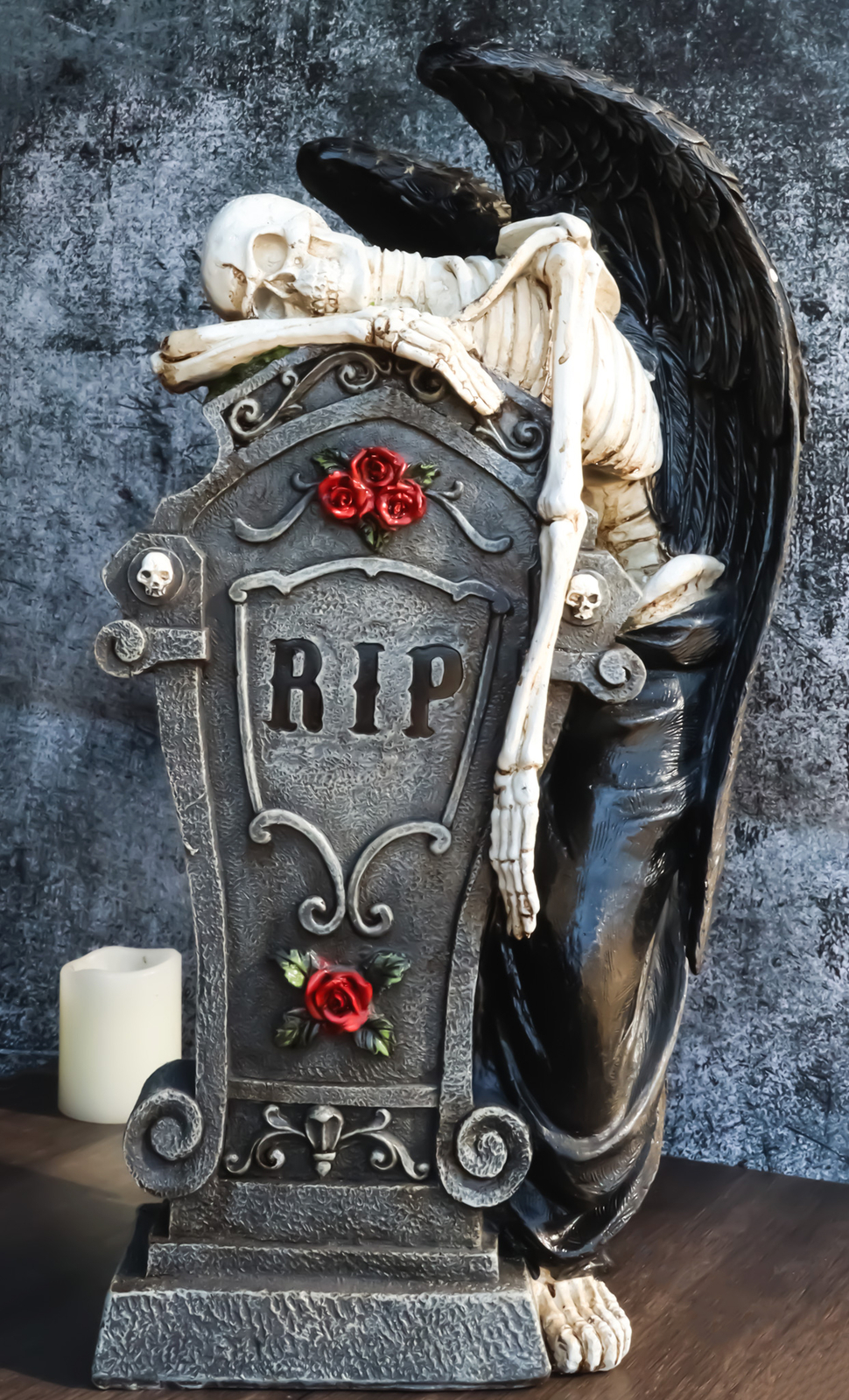 Large Winged Death Angel Grim Reaper Skeleton By Graveyard Tombstone Figurine Large Winged Death Angel Grim Reaper Skeleton By Graveyard Tombstone Figurine
