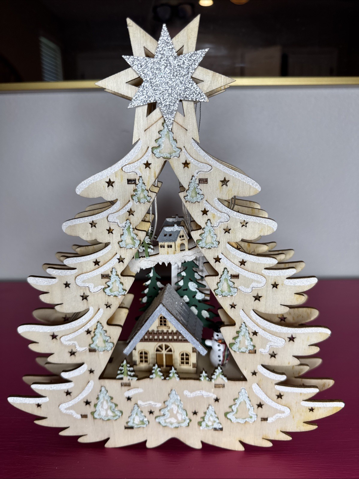 NEW Martha Stewart Laser Cut Wood Christmas Tree Village Scene LED Illuminated NEW Martha Stewart Laser Cut Wood Christmas Tree Village Scene LED Illuminated