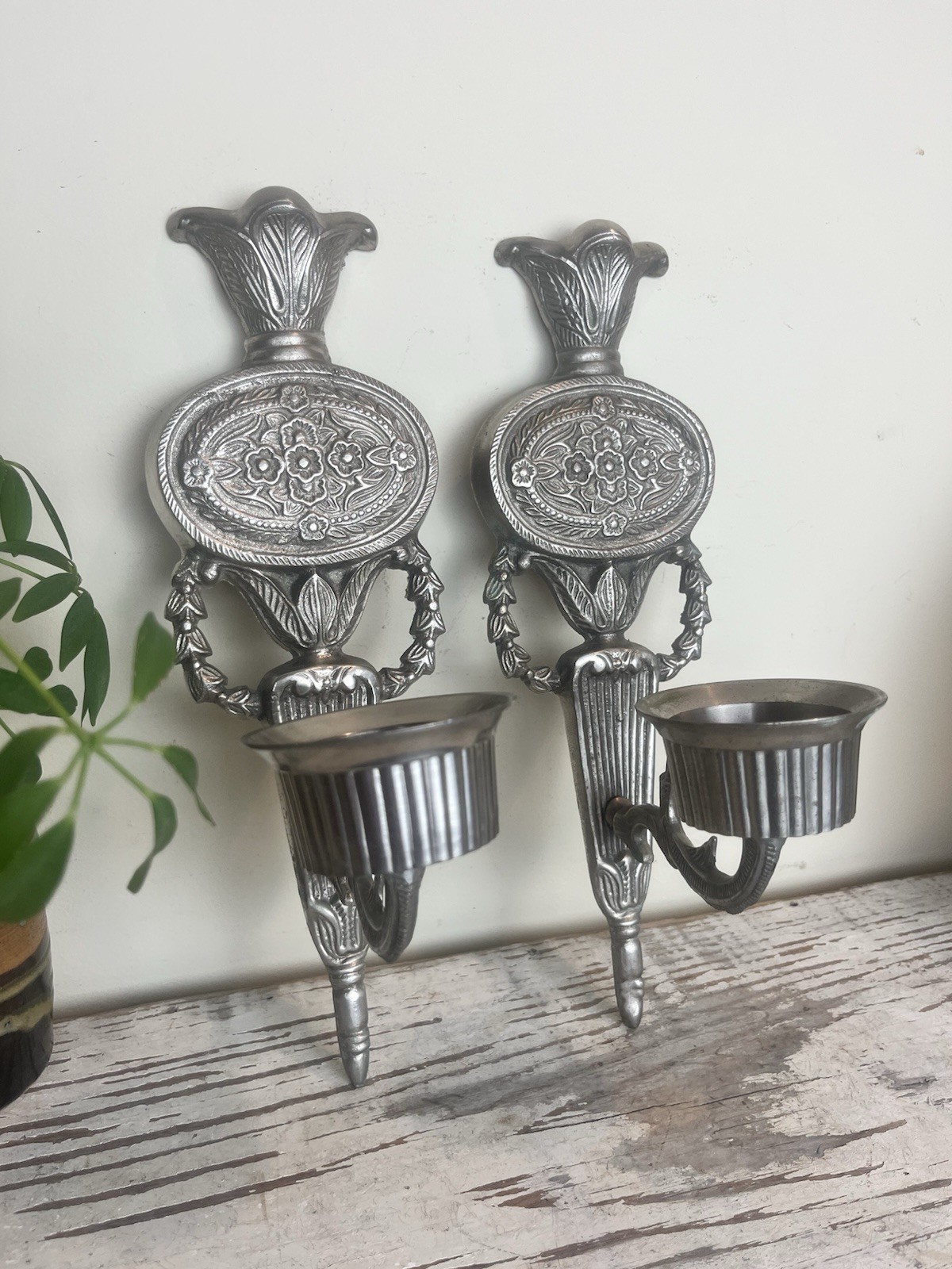 Vintage Two Toned Pair Of Pewter Hollywood Regency Candle Wall Sconce 13” x 6”