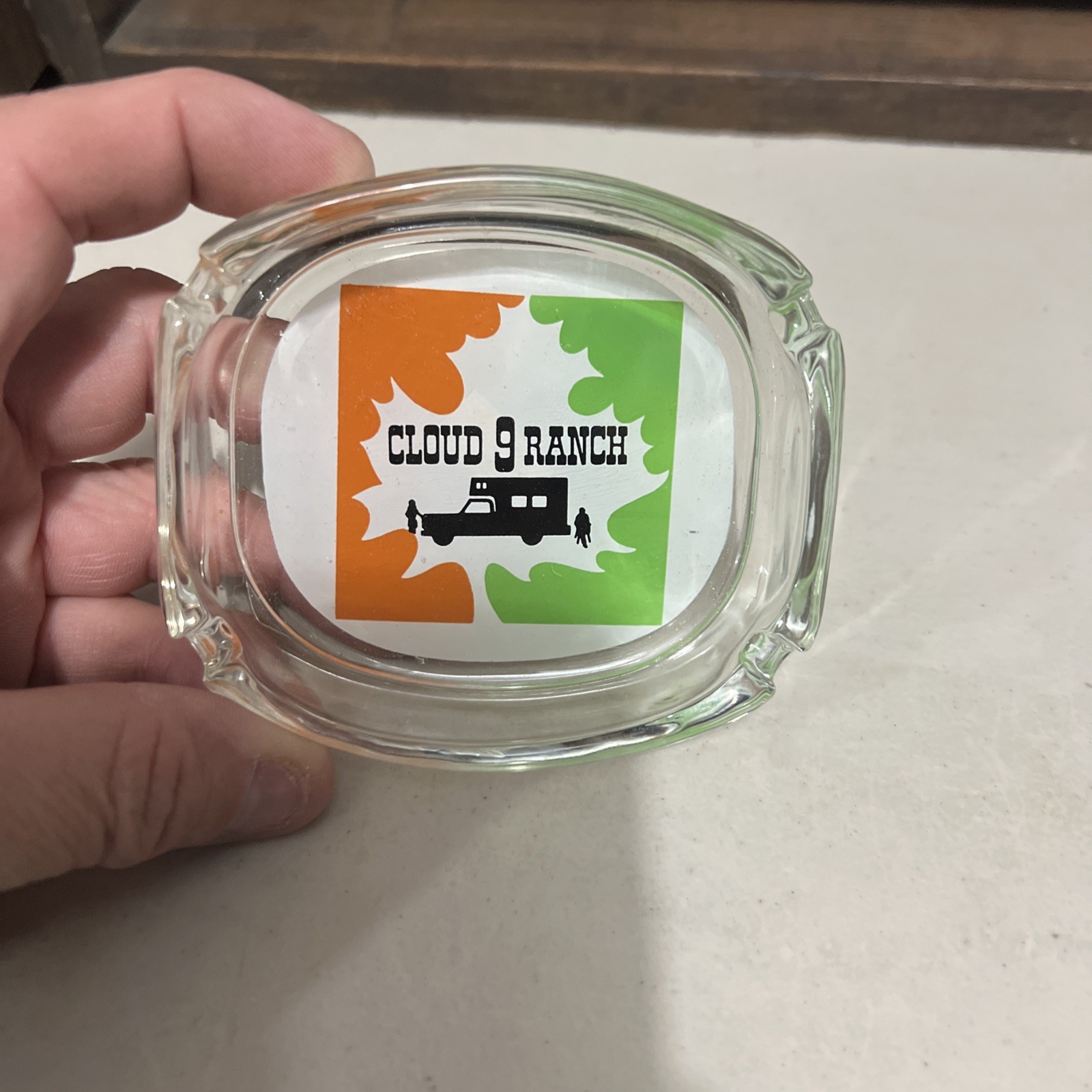 Vintage Clear Glass Marketing Ashtray / Cloud 9 Ranch / Caulfield Missouri MO