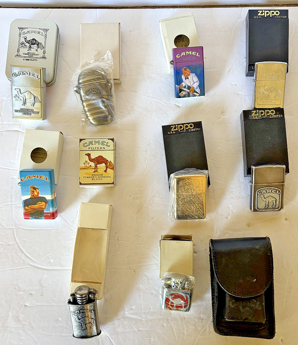 ZIPPO CAMEL LIGHTERS VTG NEW LOT OF 9+CAMEL CIG CASE MOST WITH BOXES ALL CAMEL