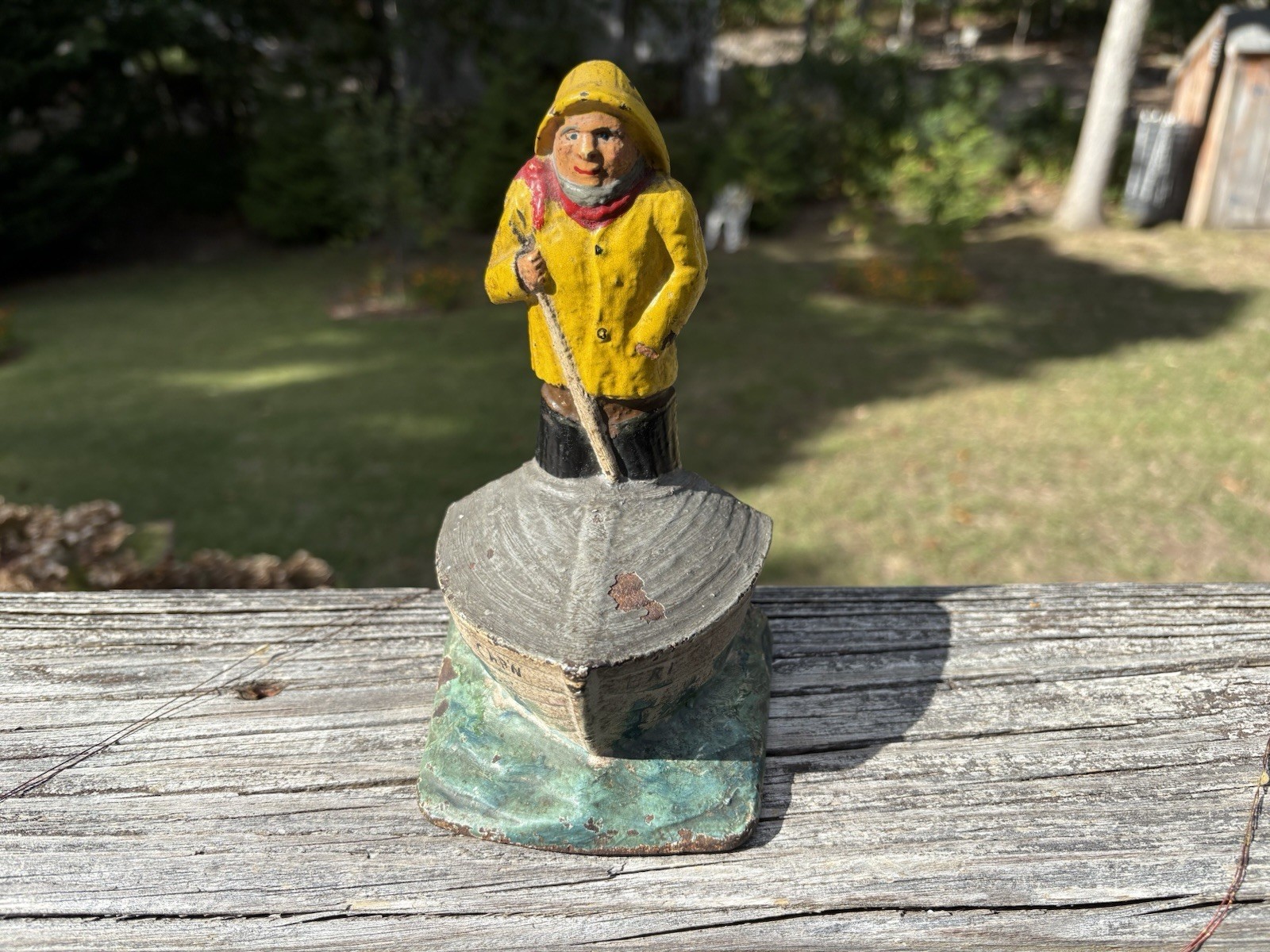 RARE Antique Cap'n Eri Old Salt Fisherman On A Dory Cast Iron Nautical Doorstop RARE Antique Cap'n Eri Old Salt Fisherman On A Dory Cast Iron Nautical Doorstop