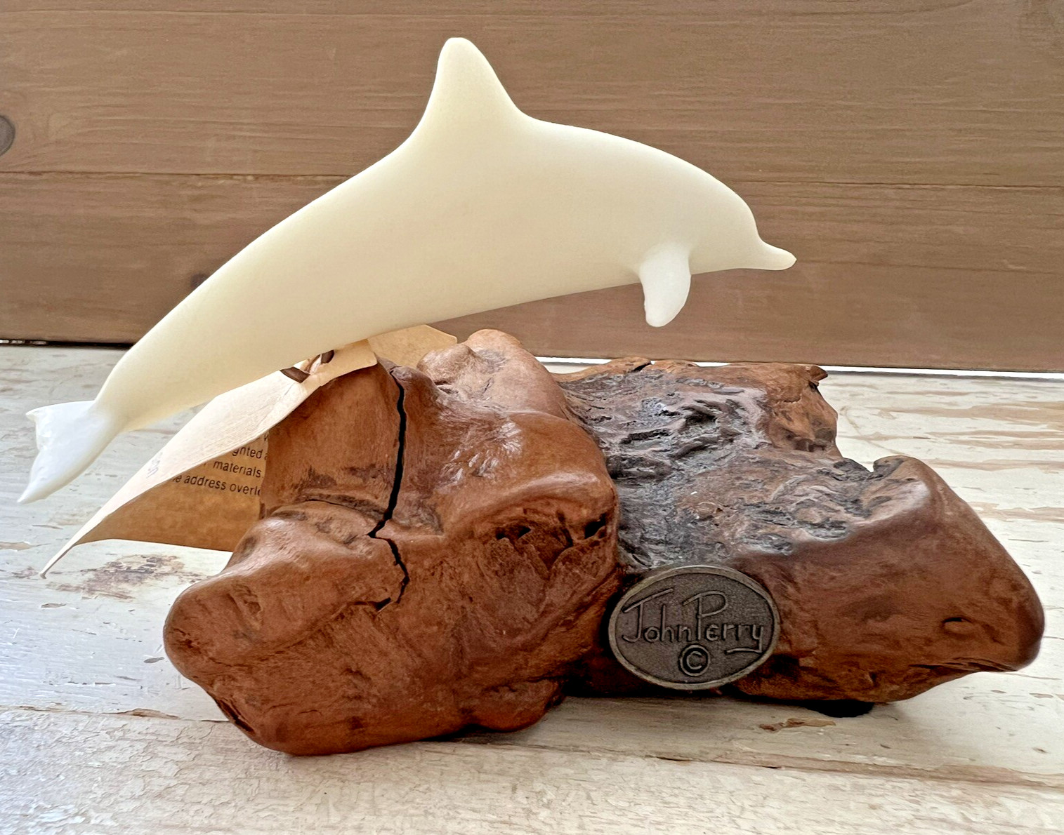 John Perry Dolphin Original Art Sculpture Figurine On Burlwood Base With Tag BS