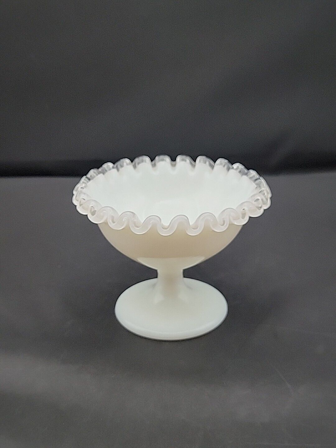 Fenton Art Glass Silver Crest Milk Glass Ruffled Pedestal Compote Candy Dish