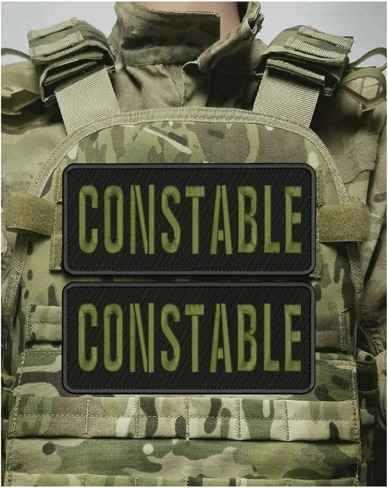 CONSTABLE 2 EMBROIDERY PATCHES 4X10 WHIT HOOK ON BACK BLK/OD GREEN