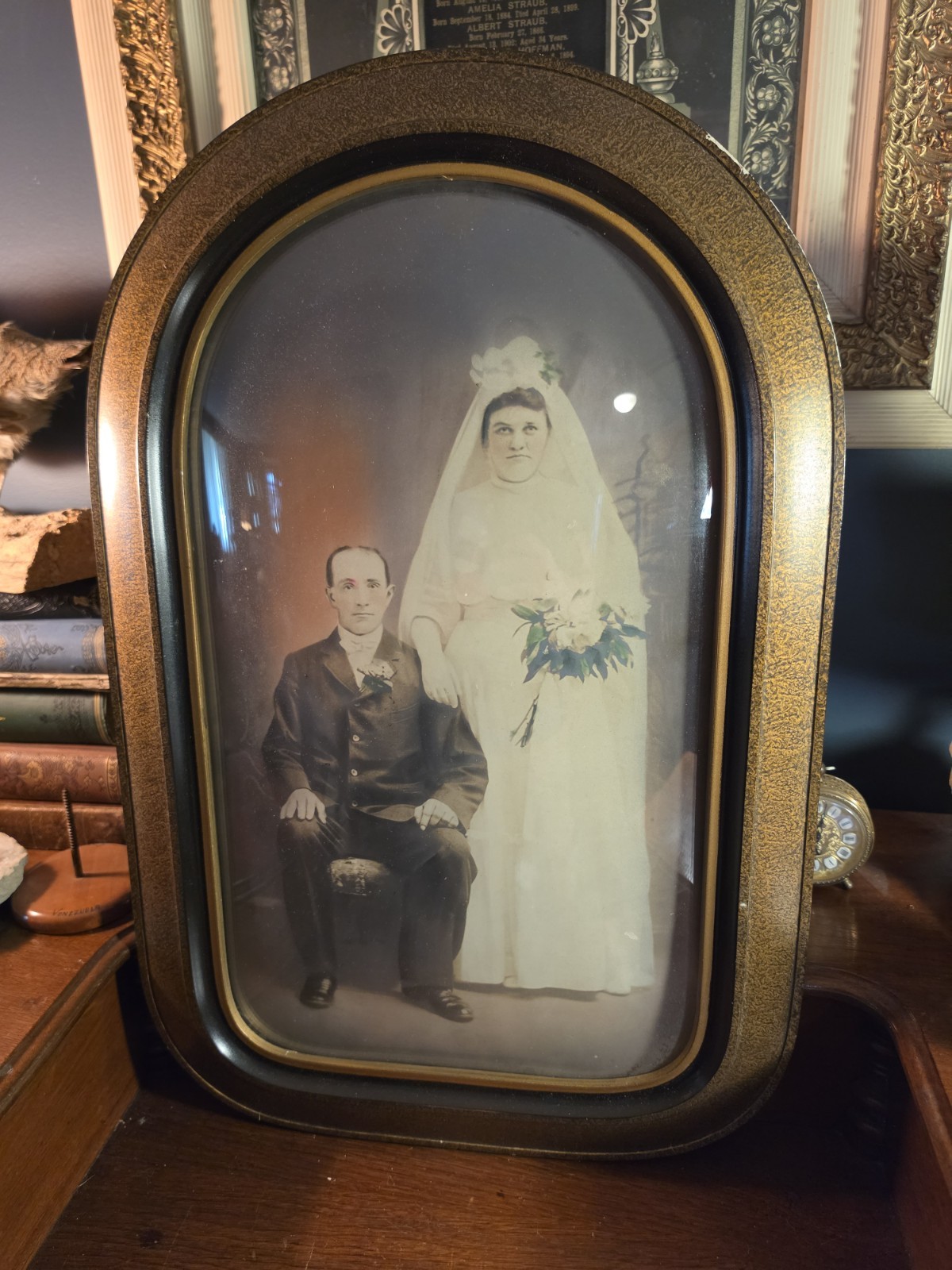 Antique Bubble Convex Glass Frame Tinted Enlarged Portrait Photograph Couple