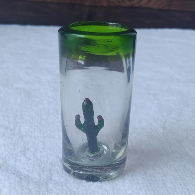 Mexican Hand Blown Cactus Shot Glass with Green Rim Mexican Hand Blown Cactus Shot Glass with Green Rim