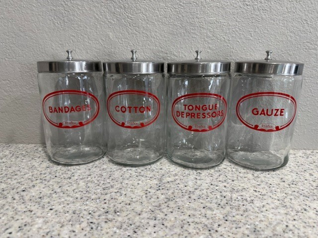 Vintage Profex Red Label Medical Office Apothecary Glass Jars Containers Set - 4 Vintage Profex Red Label Medical Office Apothecary Glass Jars Containers Set - 4