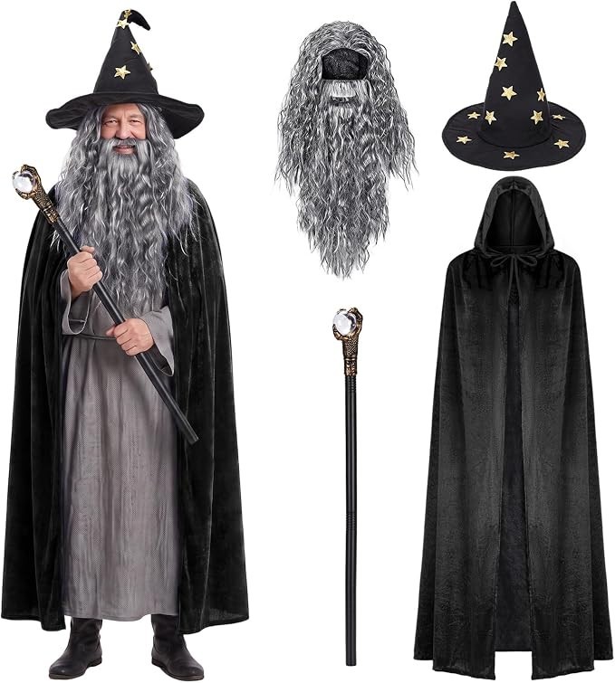 Hicarer 4 Pcs Halloween Wizard Costume Set Adults Black Classic Hicarer 4 Pcs Halloween Wizard Costume Set Adults Black Classic