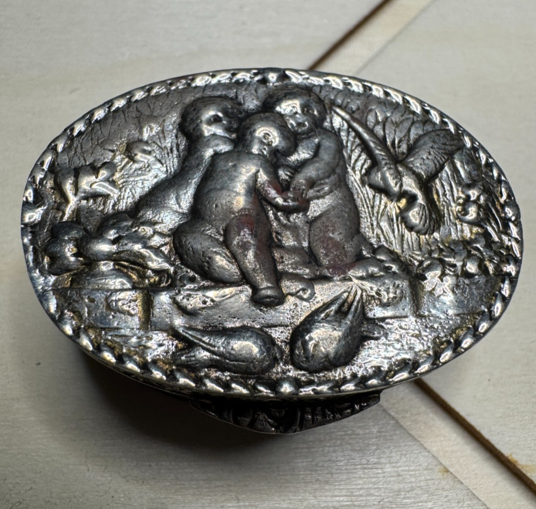 Vintage Silver Plated Putti Cherubs Pill Box Oval Trinket Case Gilt Interior