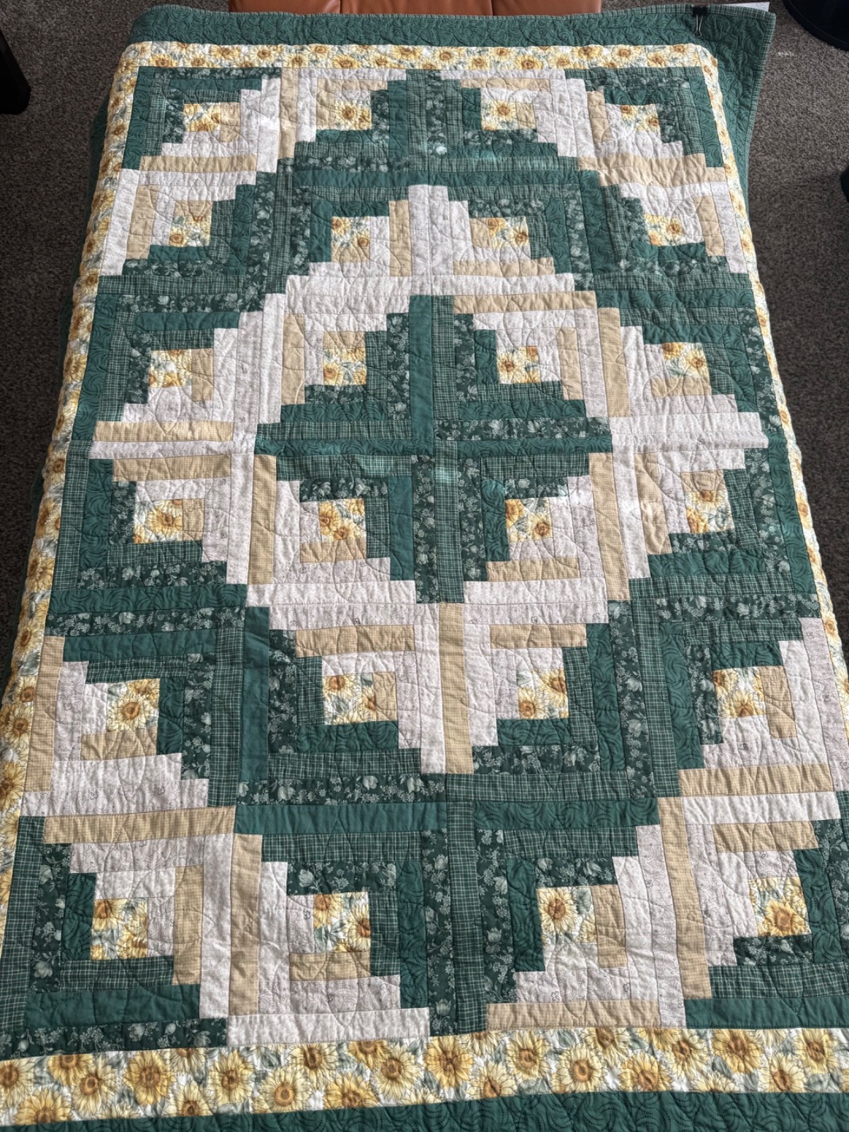 Vintage Log Cabin Quilt 55 by 38 Handmade Floral Sunflowers Green, Tan Yellow Vintage Log Cabin Quilt 55 by 38 Handmade Floral Sunflowers Green, Tan Yellow