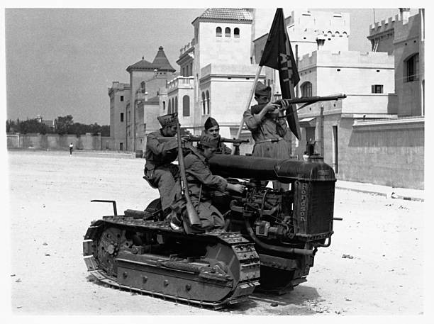 Three members of the CNT FAI anarchist militia in Barcelona during- Old Photo