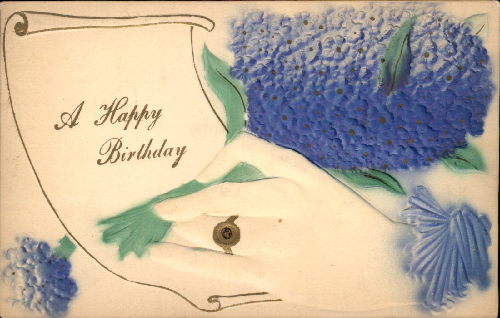 Birthday Blue Flowers and Hand Floral Embossed c1910s-20s Vintage Postcard