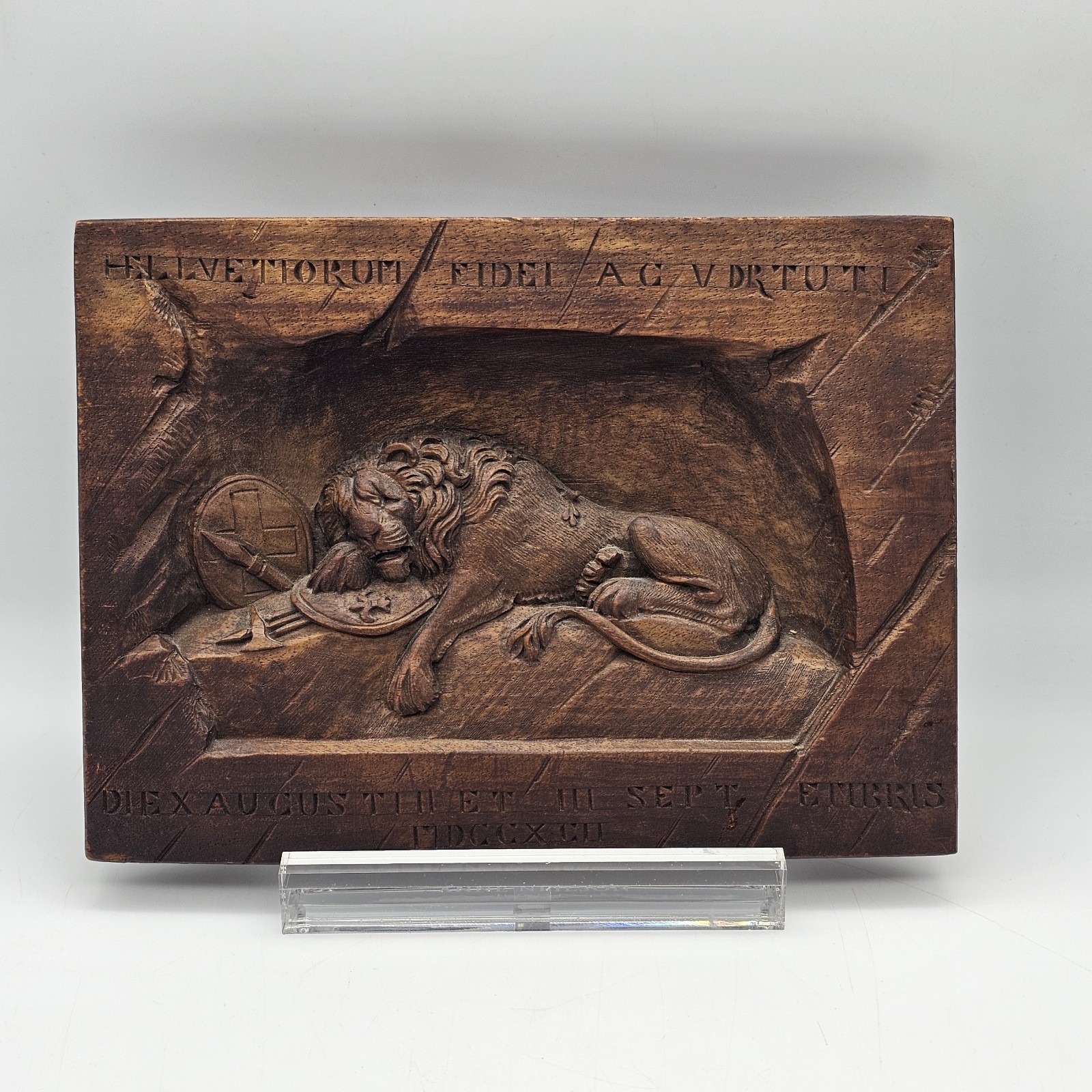 Lion Of Lucerne Carved Wood Relief Wall Plaque