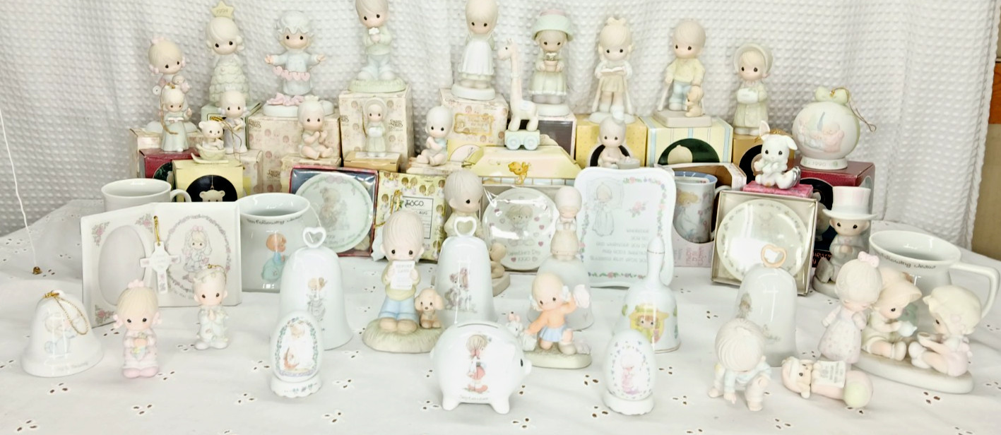 LOT OF 52 PRECIOUS MOMENTS PORCELAIN FIGURINE 70’S - 2000’S ORIGINAL BOXES READ